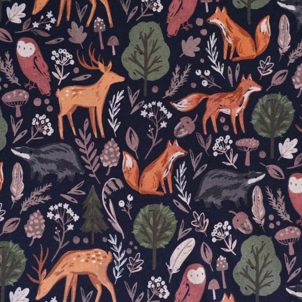Stretch-Sweat leicht Waldtiere Eule Fuchs Reh dunkelblau